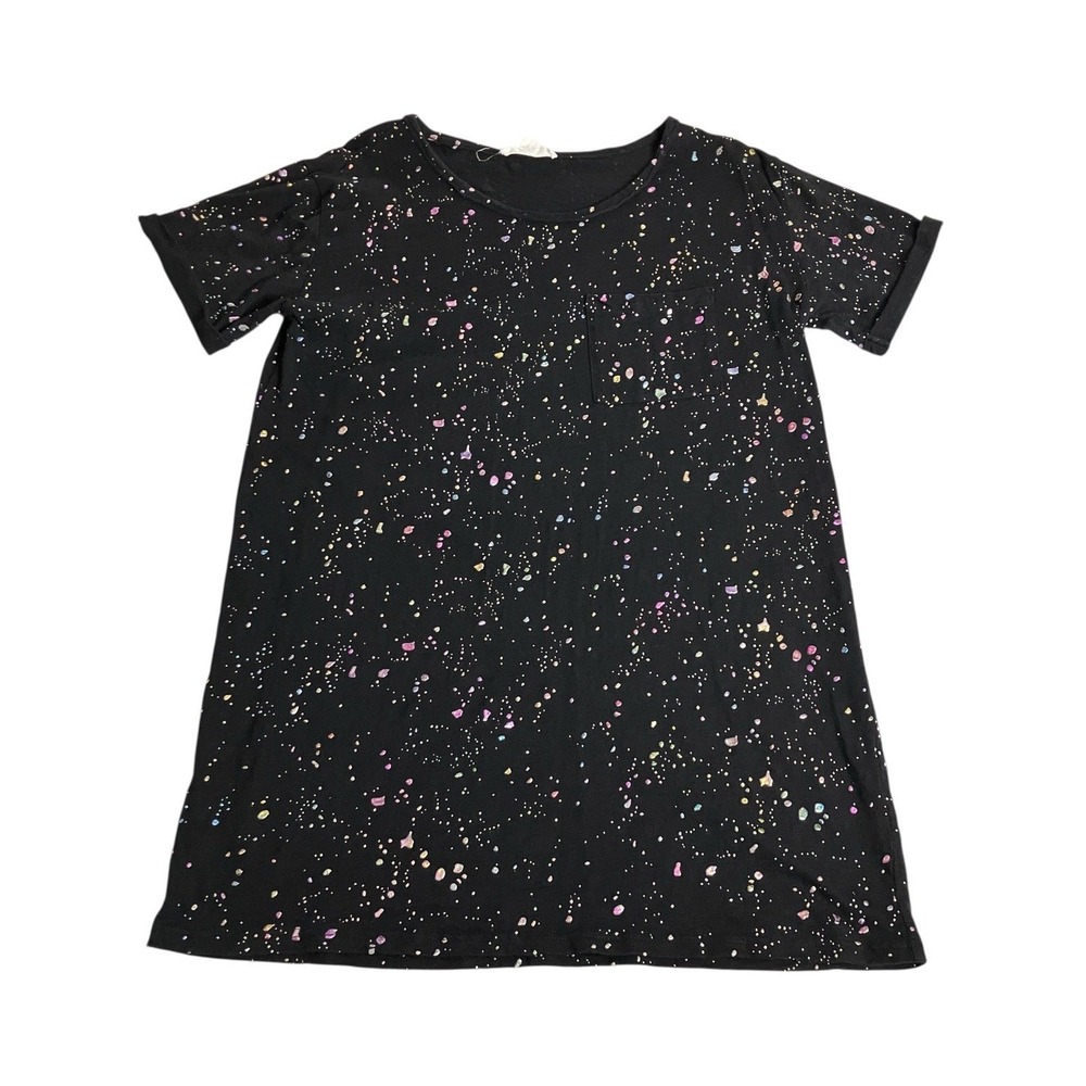 Loveriche Shirt Dress Womens Large Black Galaxy Glitter Puff Paint Mini Cotton